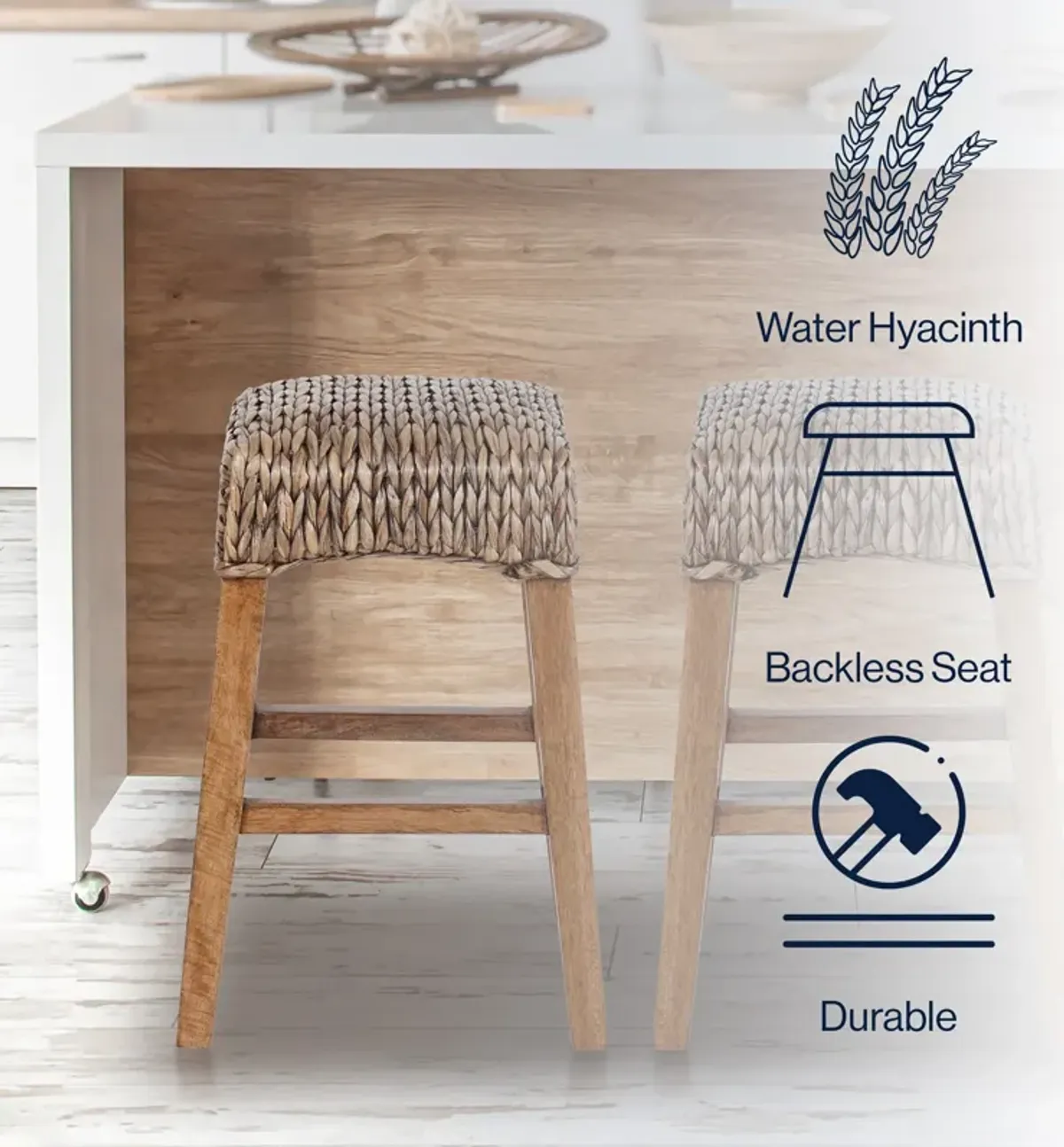 Maui Rustic Bohemian Hyacinth/Wood Backless Bar Stool