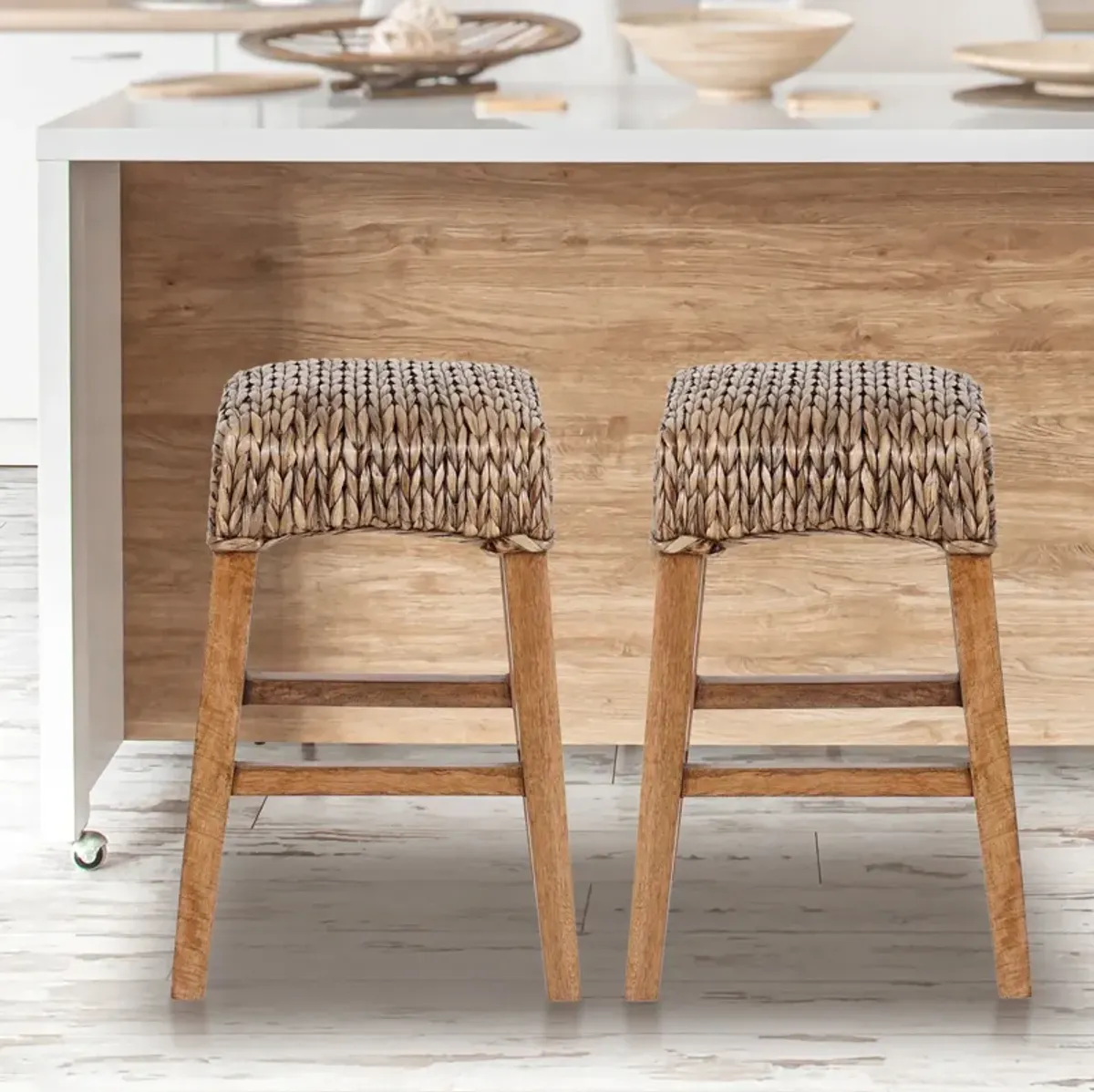 Maui Rustic Bohemian Hyacinth/Wood Backless Bar Stool