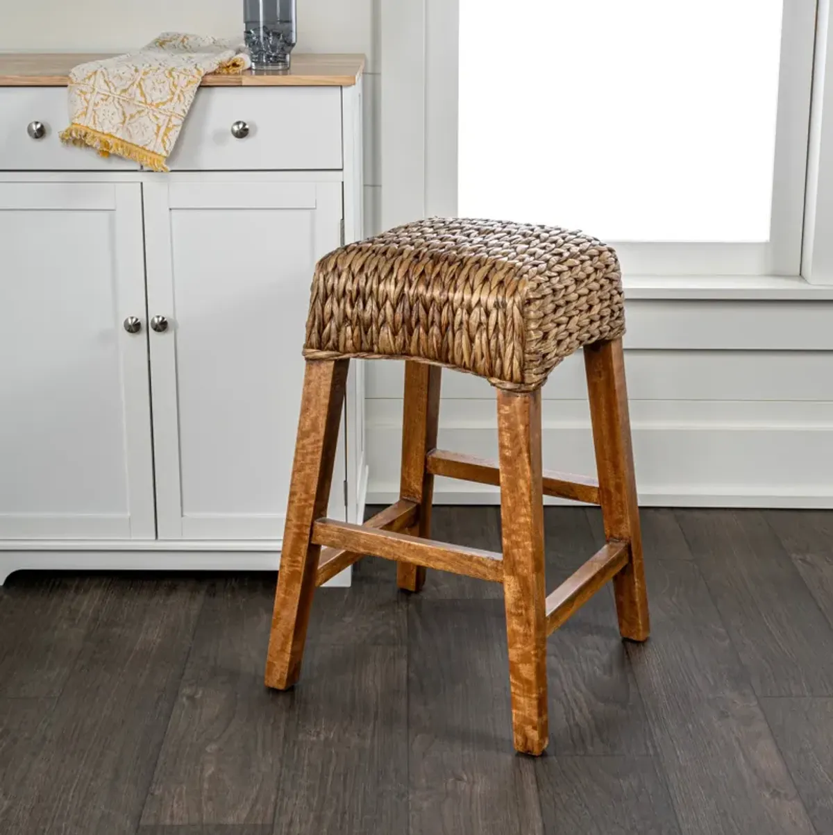 Maui Rustic Bohemian Hyacinth/Wood Backless Bar Stool