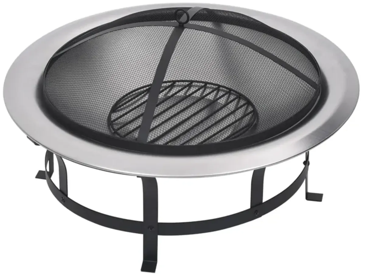 vidaXL Outdoor Fire Pit with Grill 29.9 Inch - Rust Resistant, Weatherproof Steel Construction, Safety Mesh, Wood-Handled Poker, Ideal for Deck, Patio, Backyard Use