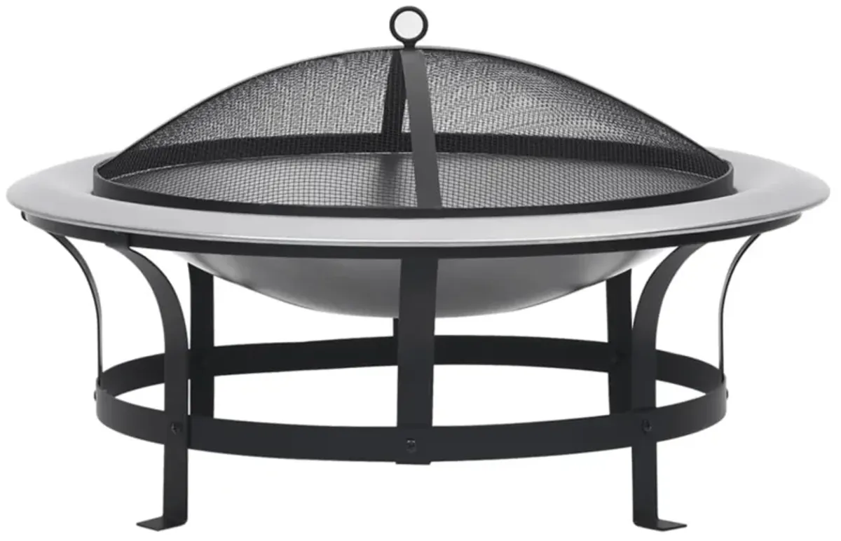 vidaXL Outdoor Fire Pit with Grill 29.9 Inch - Rust Resistant, Weatherproof Steel Construction, Safety Mesh, Wood-Handled Poker, Ideal for Deck, Patio, Backyard Use