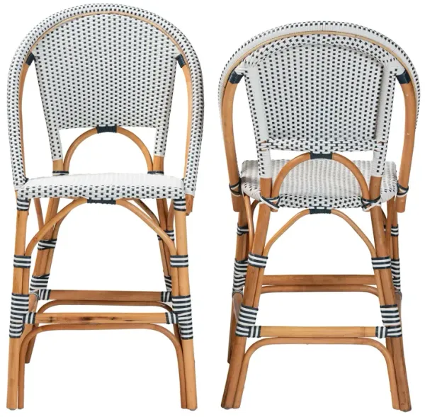 bali & pari Genica Classic French Two Tone Navy and White Weaving and Natural Rattan 2 Piece Counter Stool Set