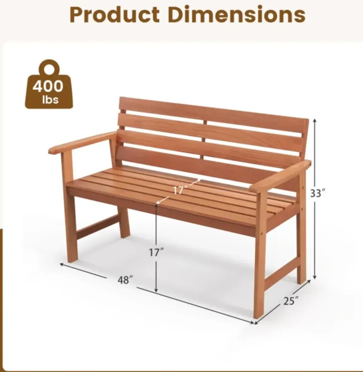 Hivvago Patio Hardwood Bench Wood 2-Seat Chair with Breathable Slatted Seat & Inclined Backrest