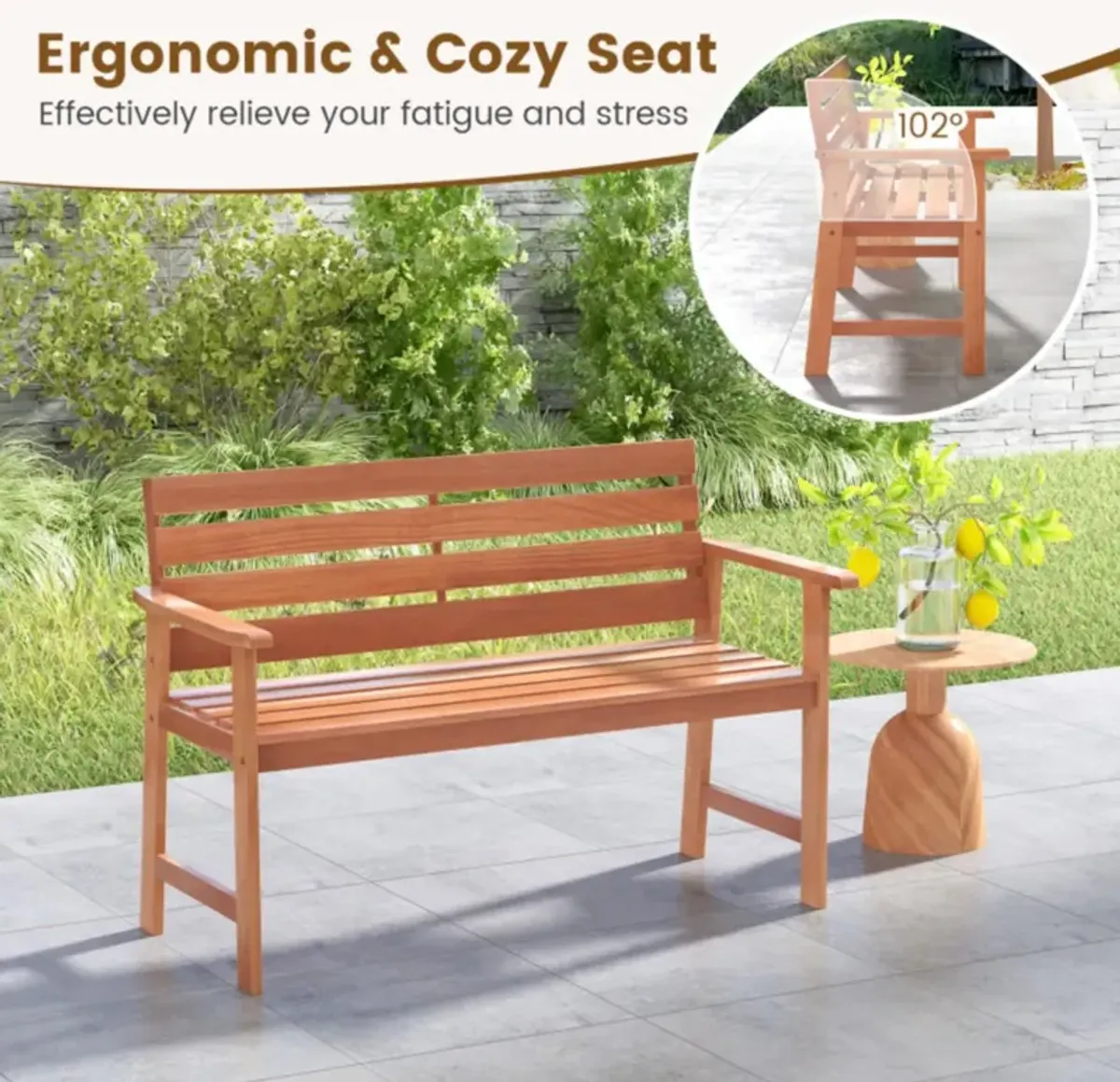 Hivvago Patio Hardwood Bench Wood 2-Seat Chair with Breathable Slatted Seat & Inclined Backrest