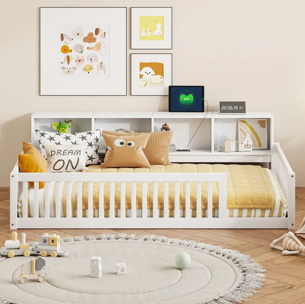 Merax Floor Bed with Storage Cabinets and USB Ports