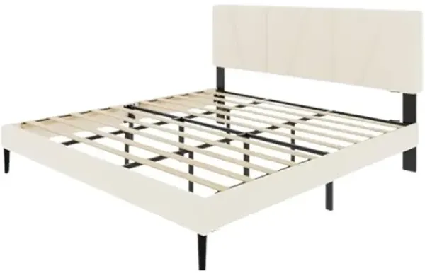 King Size Platform Bed Frame With Upholstered Headboard, Wooden Slats Support, Noise Free, No Box Spring Needed, Easy Assembly, Beige, Velvet