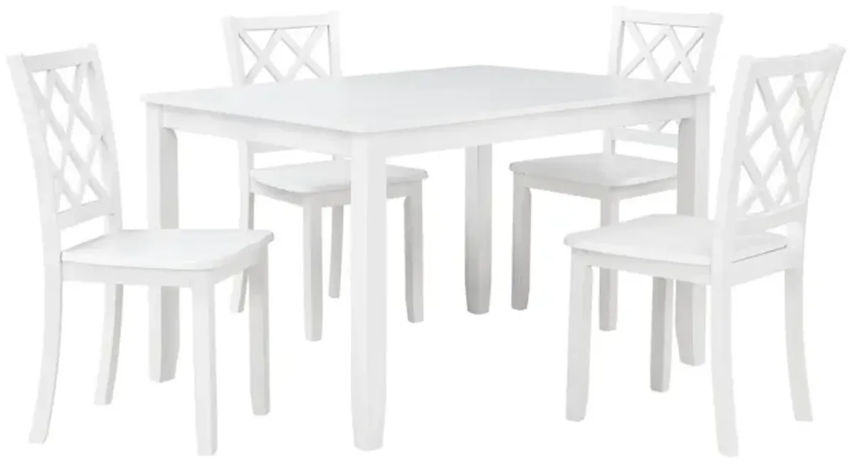 Ava 5pc Dining Table Set, 4 Lattice Back Chairs, White Rubberwood Frame - Benzara