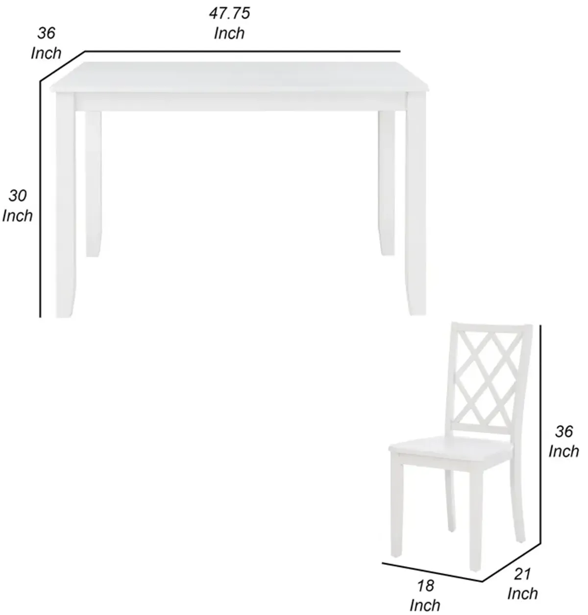 Ava 5pc Dining Table Set, 4 Lattice Back Chairs, White Rubberwood Frame - Benzara