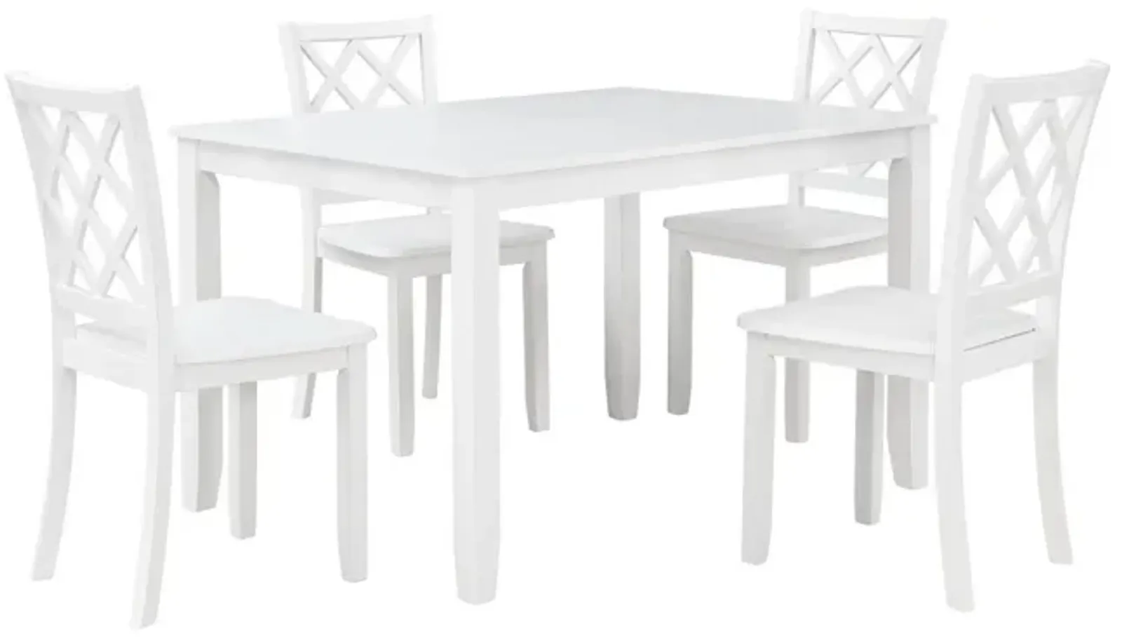 Ava 5pc Dining Table Set, 4 Lattice Back Chairs, White Rubberwood Frame - Benzara