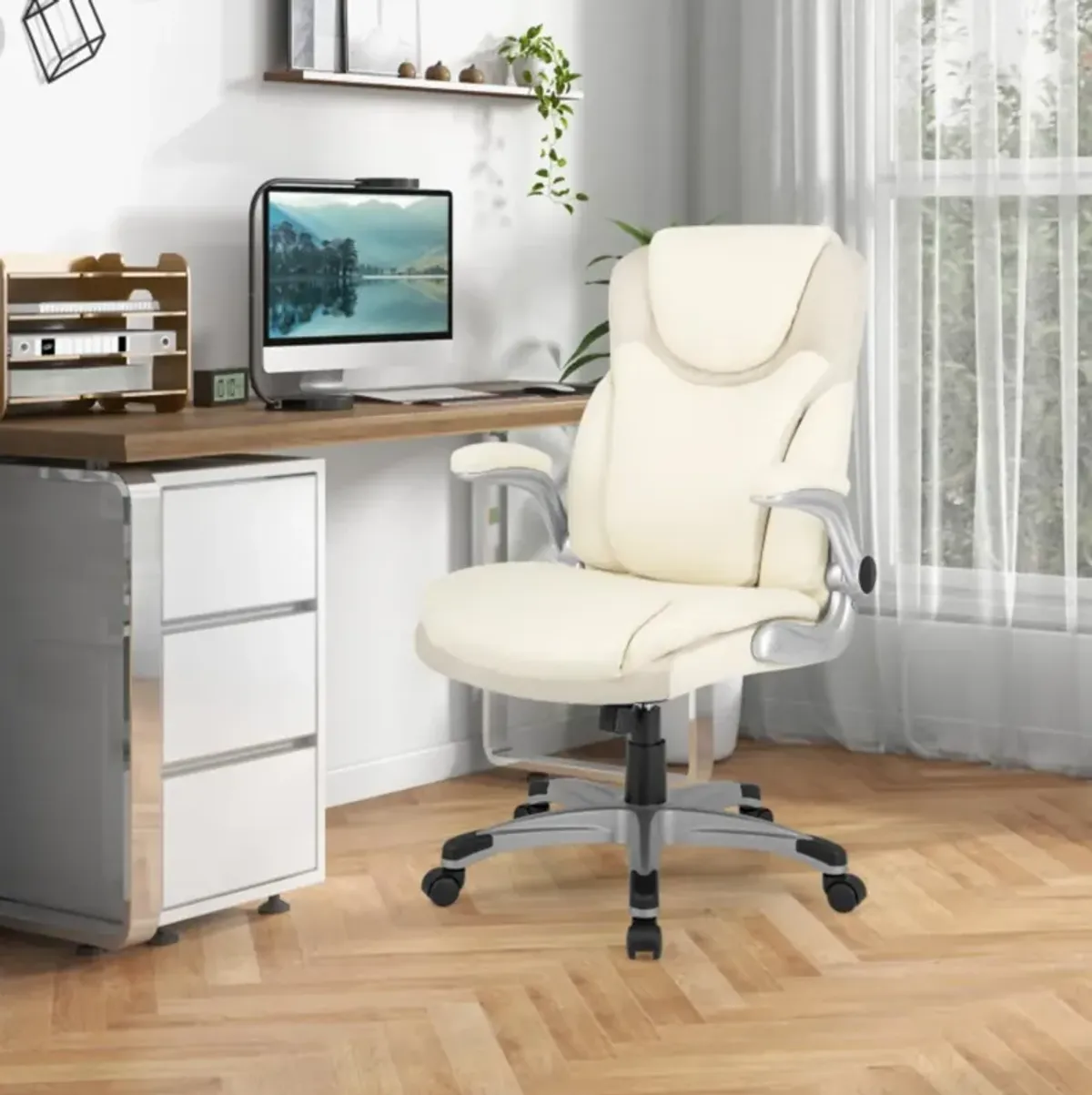 Hivvago Ergonomic Office PU Leather Executive Chair with Flip-up Armrests and Rocking Function