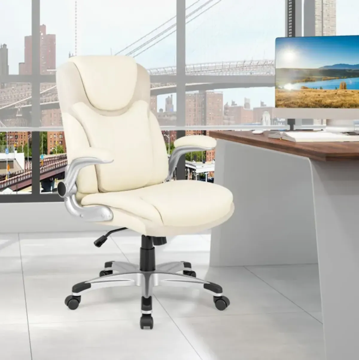 Hivvago Ergonomic Office PU Leather Executive Chair with Flip-up Armrests and Rocking Function