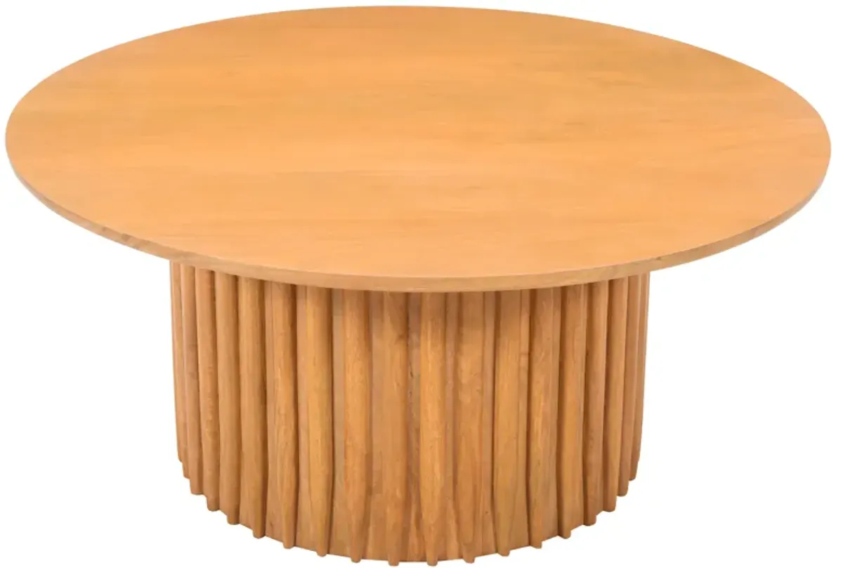 Sejo Coffee Table, 34 Inch Round Top with Fluted Base in Natural Brown Mango Wood - Benzara