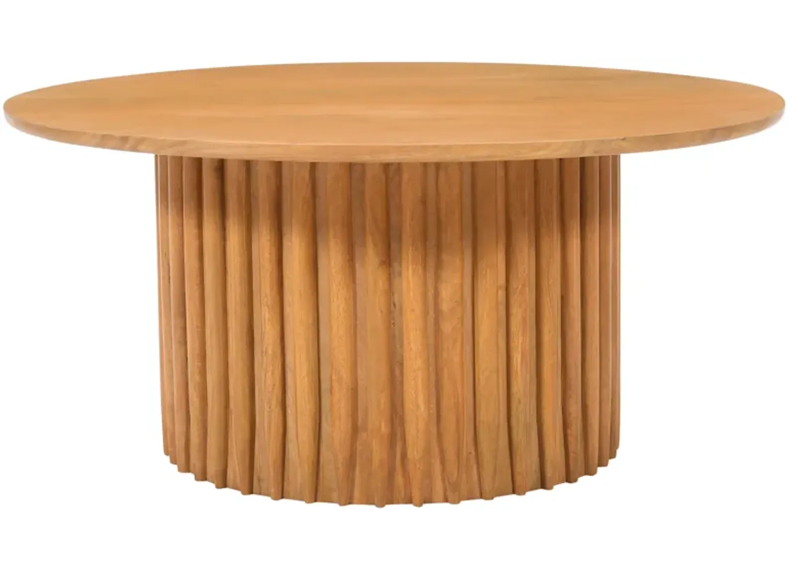 Sejo Coffee Table, 34 Inch Round Top with Fluted Base in Natural Brown Mango Wood - Benzara