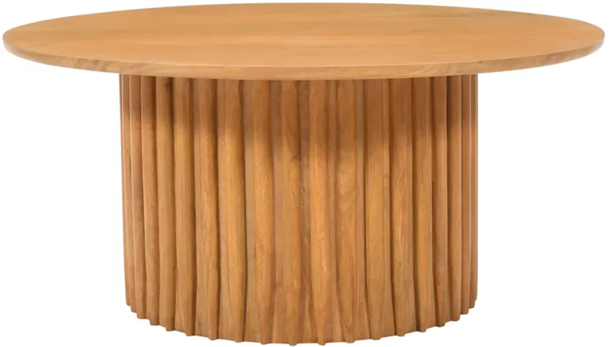 Sejo Coffee Table, 34 Inch Round Top with Fluted Base in Natural Brown Mango Wood - Benzara