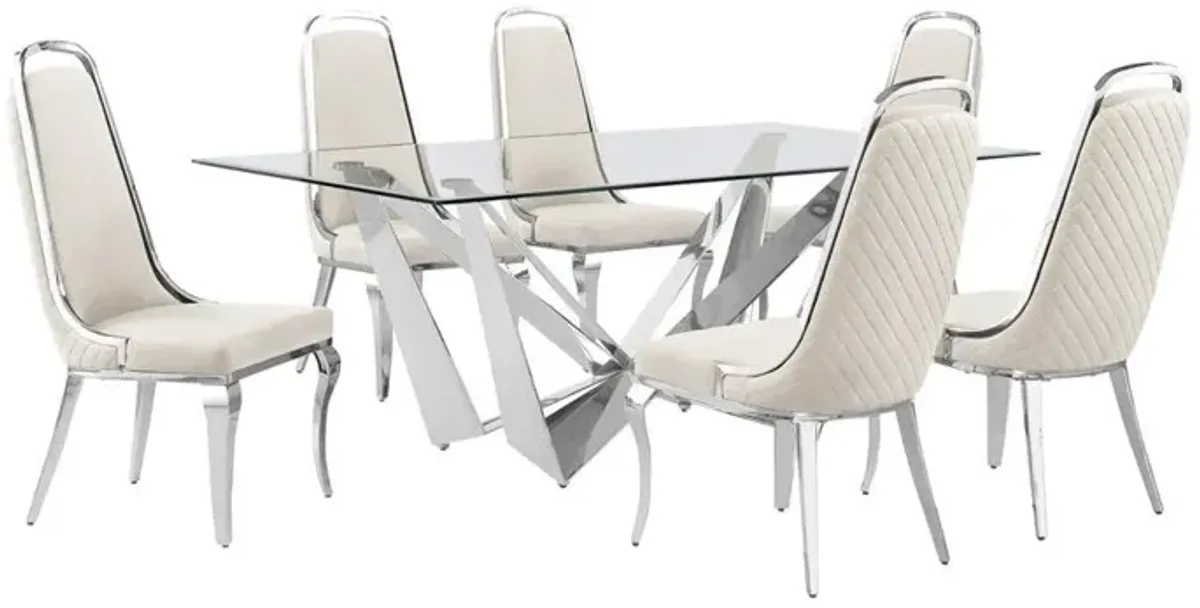 7pc Small(78") glass dining set with silver base and 6 Cream side chairs