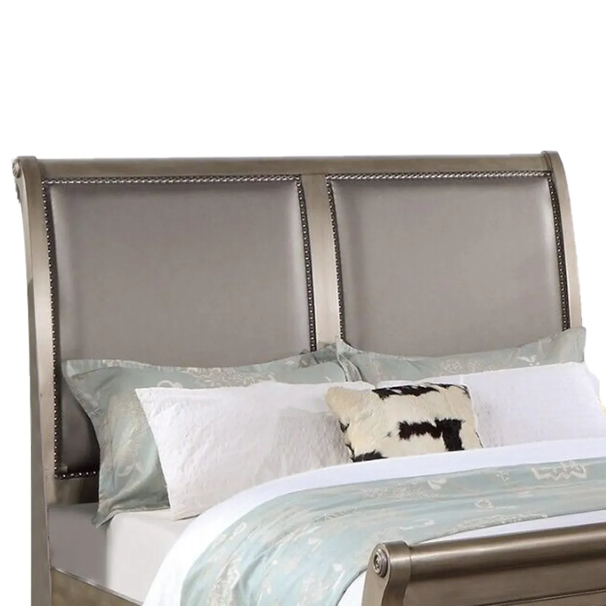 Ella Modern King Size Bed, Faux Leather Upholstery, Nailhead Trim, Gold - Benzara