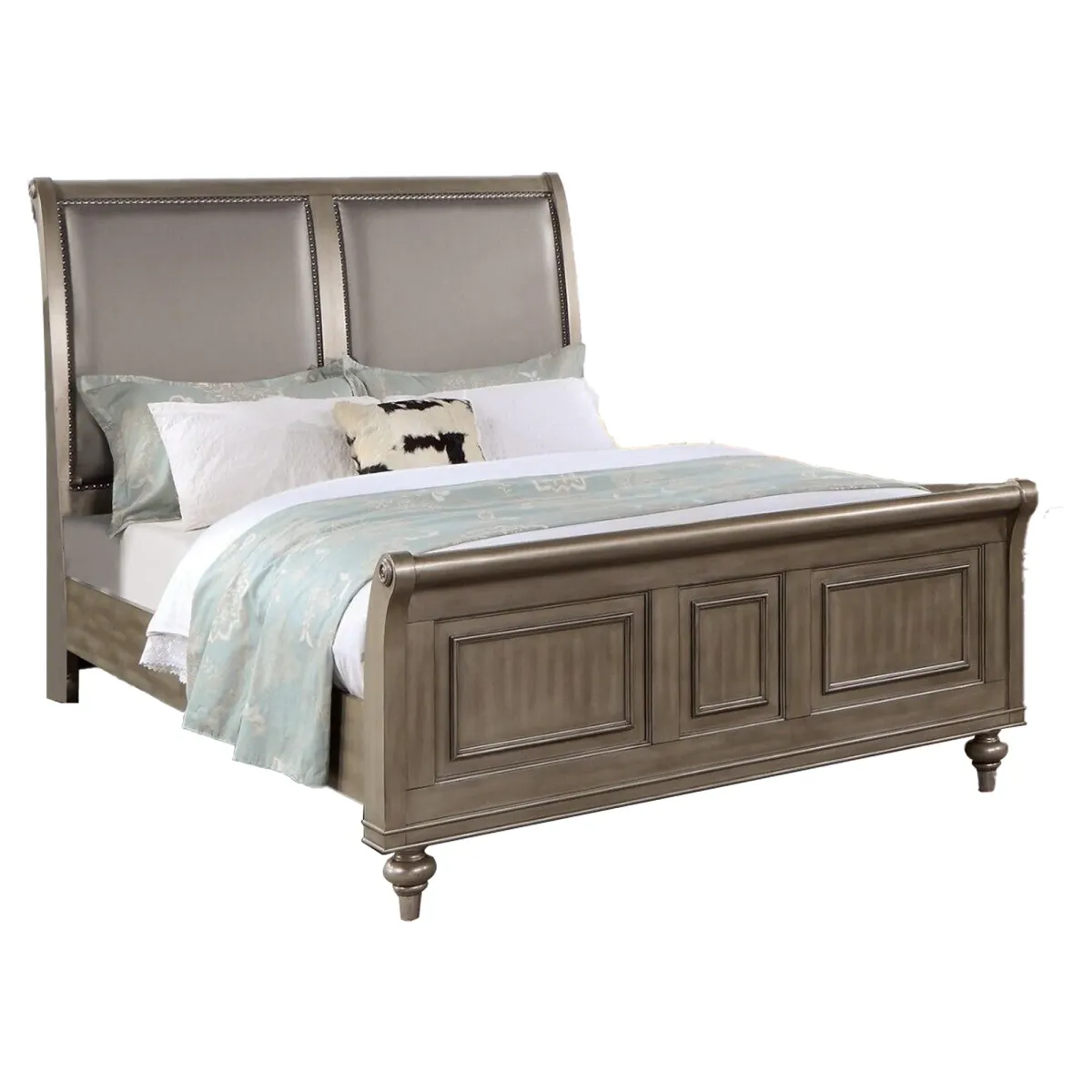 Ella Modern King Size Bed, Faux Leather Upholstery, Nailhead Trim, Gold - Benzara