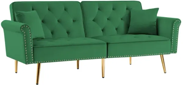 Modern Velvet Tufted Sofa Couch with 2 Pillows and Nailhead Trim, Loveseat Sofa Futon Sofa Bed with Metal Legs for Living Room.
