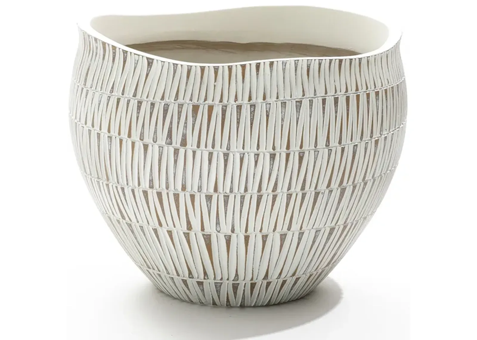 LuxenHome White with Gold V-Pattern Polyresin 12-Inch Round Planter