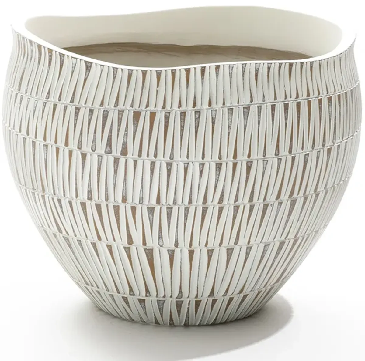 LuxenHome White with Gold V-Pattern Polyresin 12-Inch Round Planter