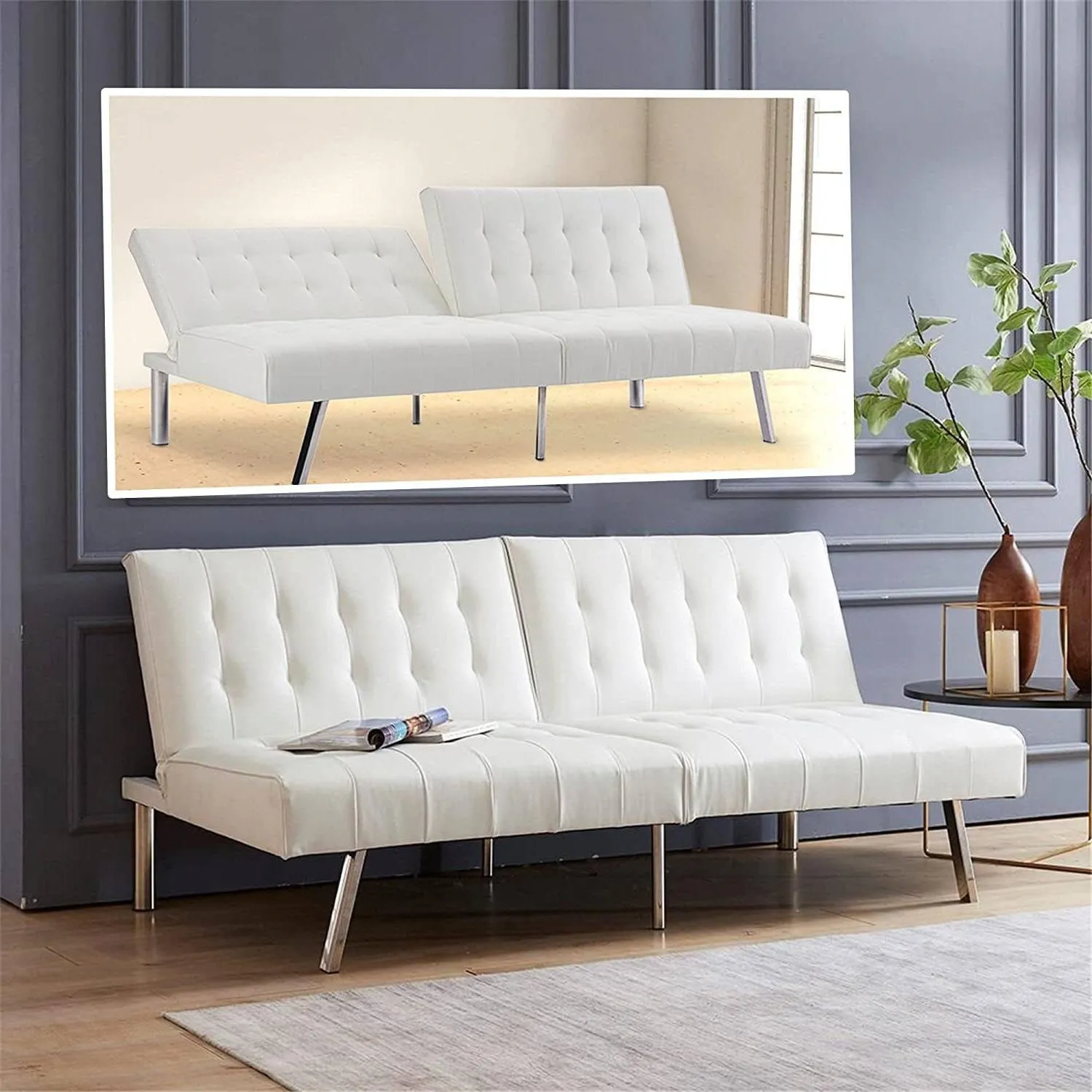 Hivvago Mid Century Modern Split Back Futon Sleep Sofa Bed in White Faux Leather