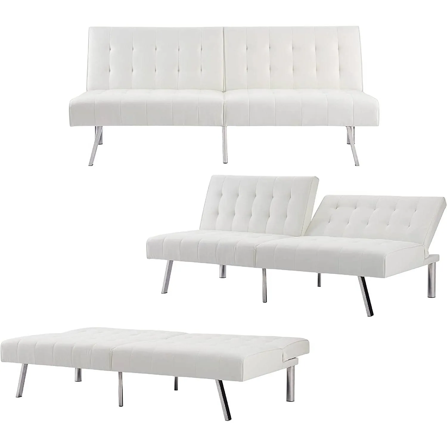 Hivvago Mid Century Modern Split Back Futon Sleep Sofa Bed in White Faux Leather