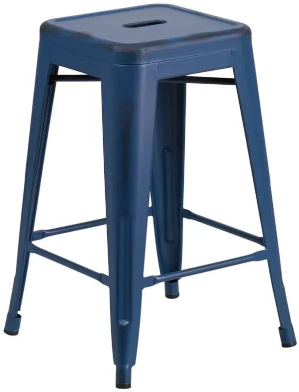 Flash Furniture Commercial Grade 24" High Backless Distressed Antique Blue Metal Indoor-Outdoor Counter Height Stool