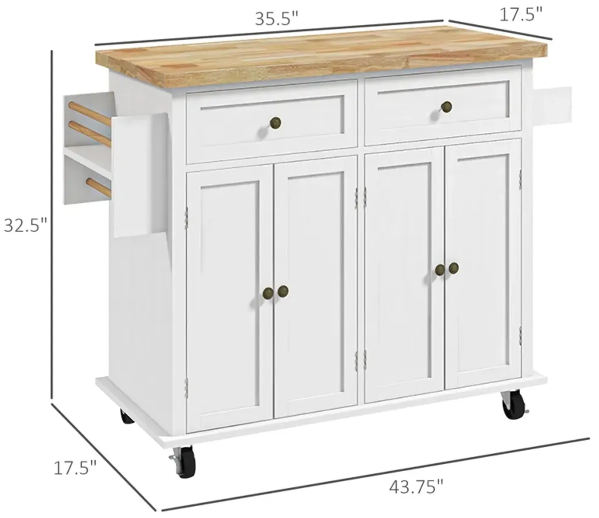 White Kitchen Island Cart: Rubberwood Top, Storage Drawers