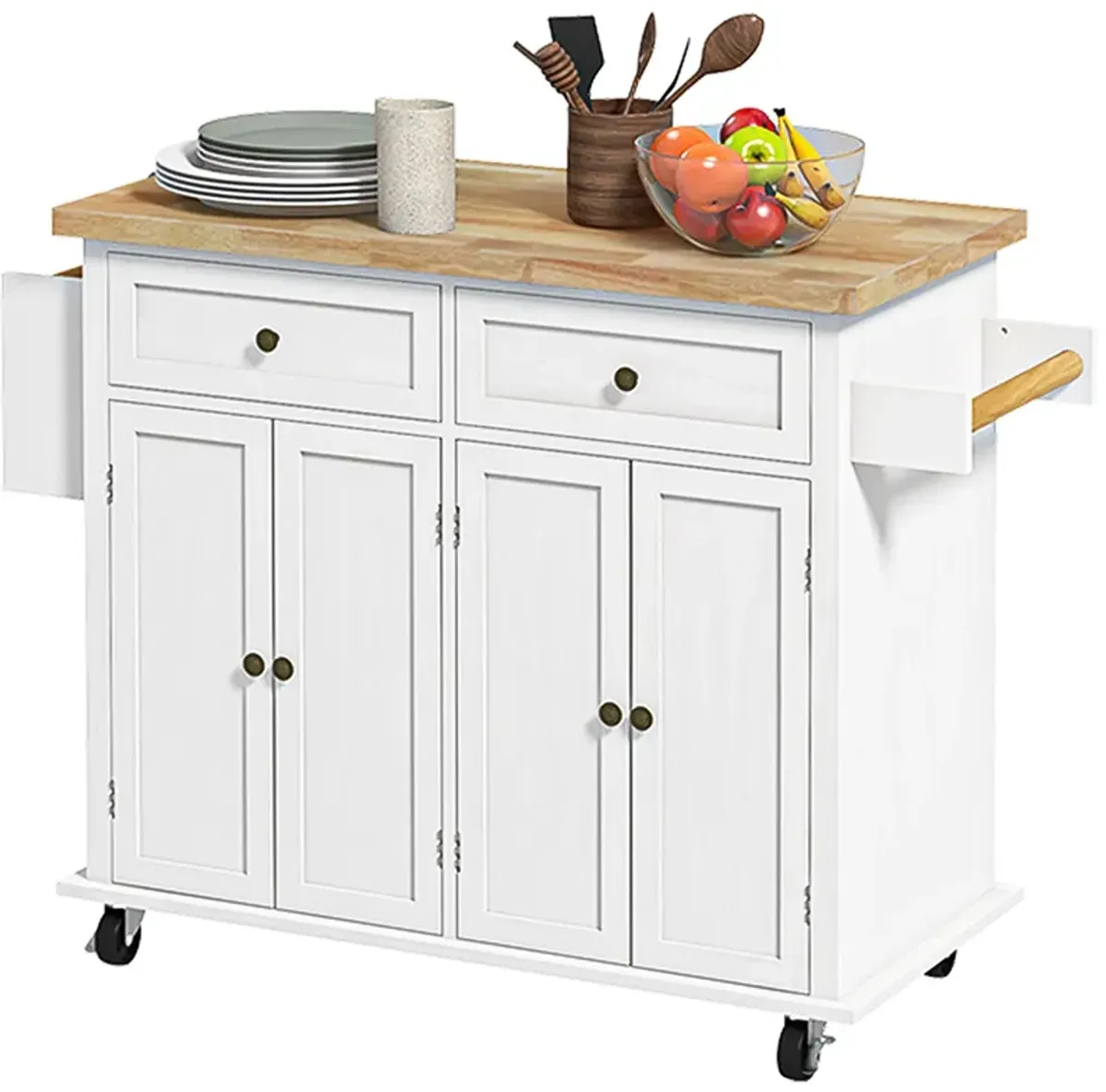 White Kitchen Island Cart: Rubberwood Top, Storage Drawers