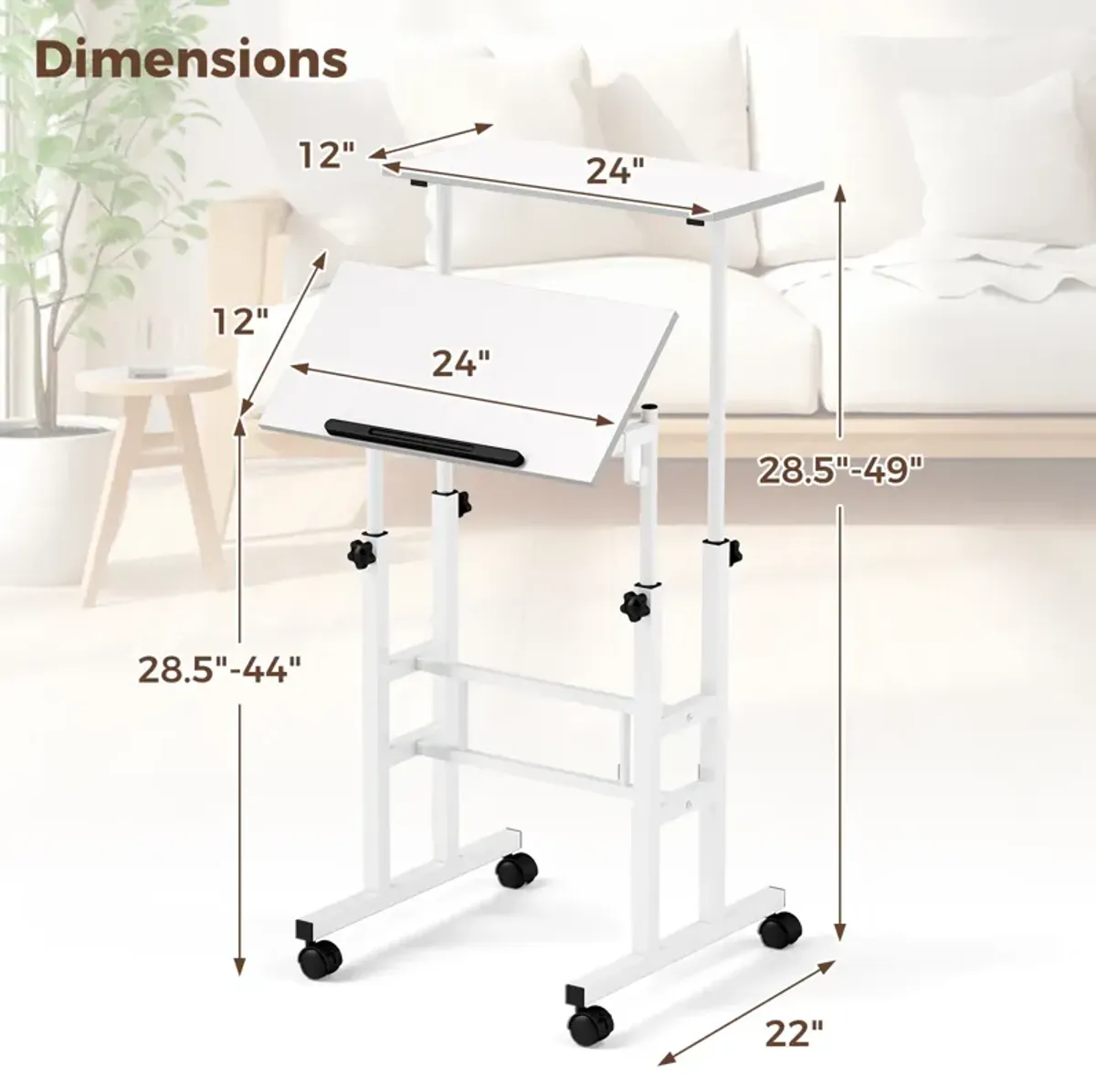 Height Adjustable Mobile Standing Desk with Rolling Wheels for Office and Home