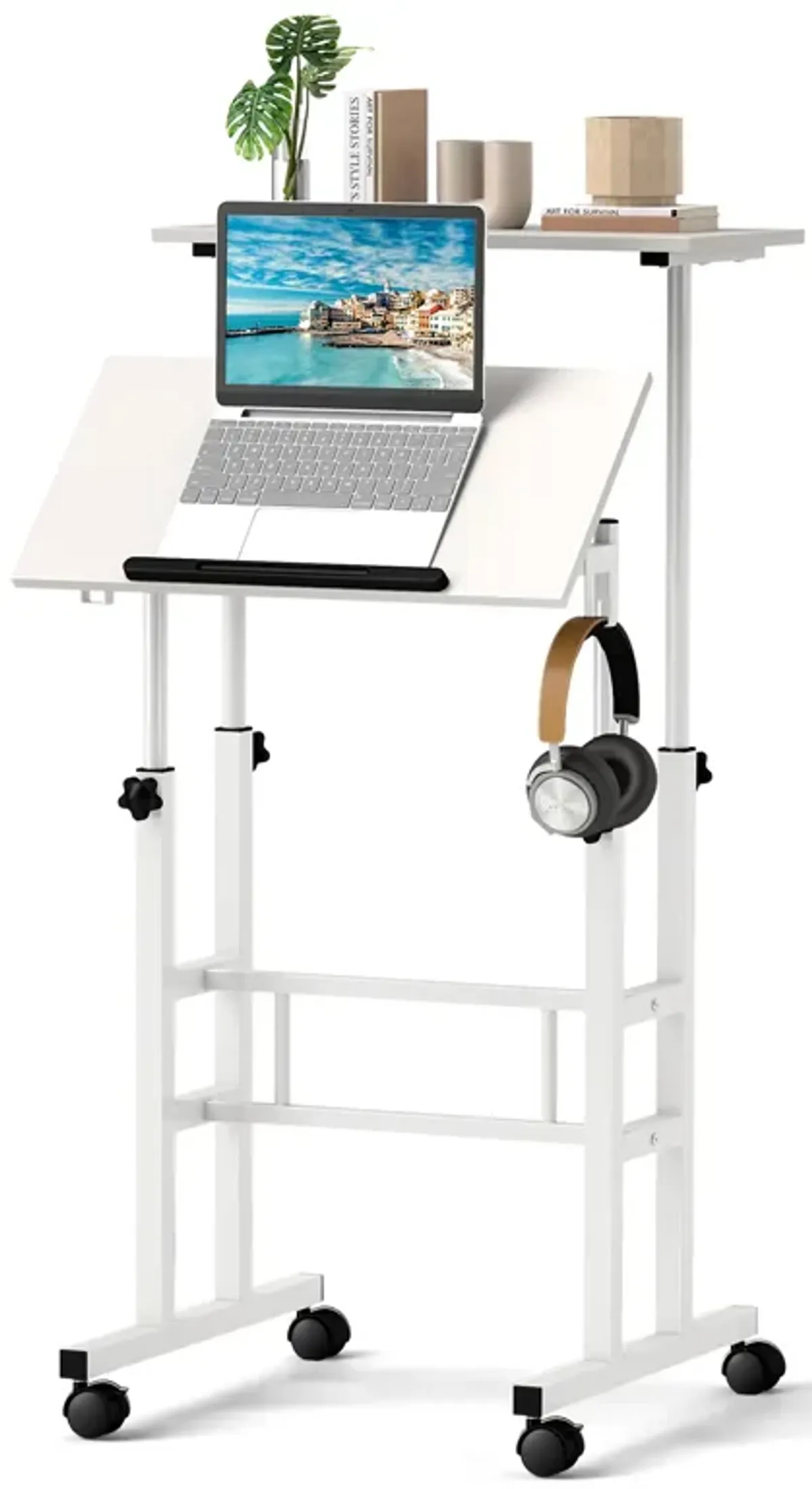 Height Adjustable Mobile Standing Desk with Rolling Wheels for Office and Home