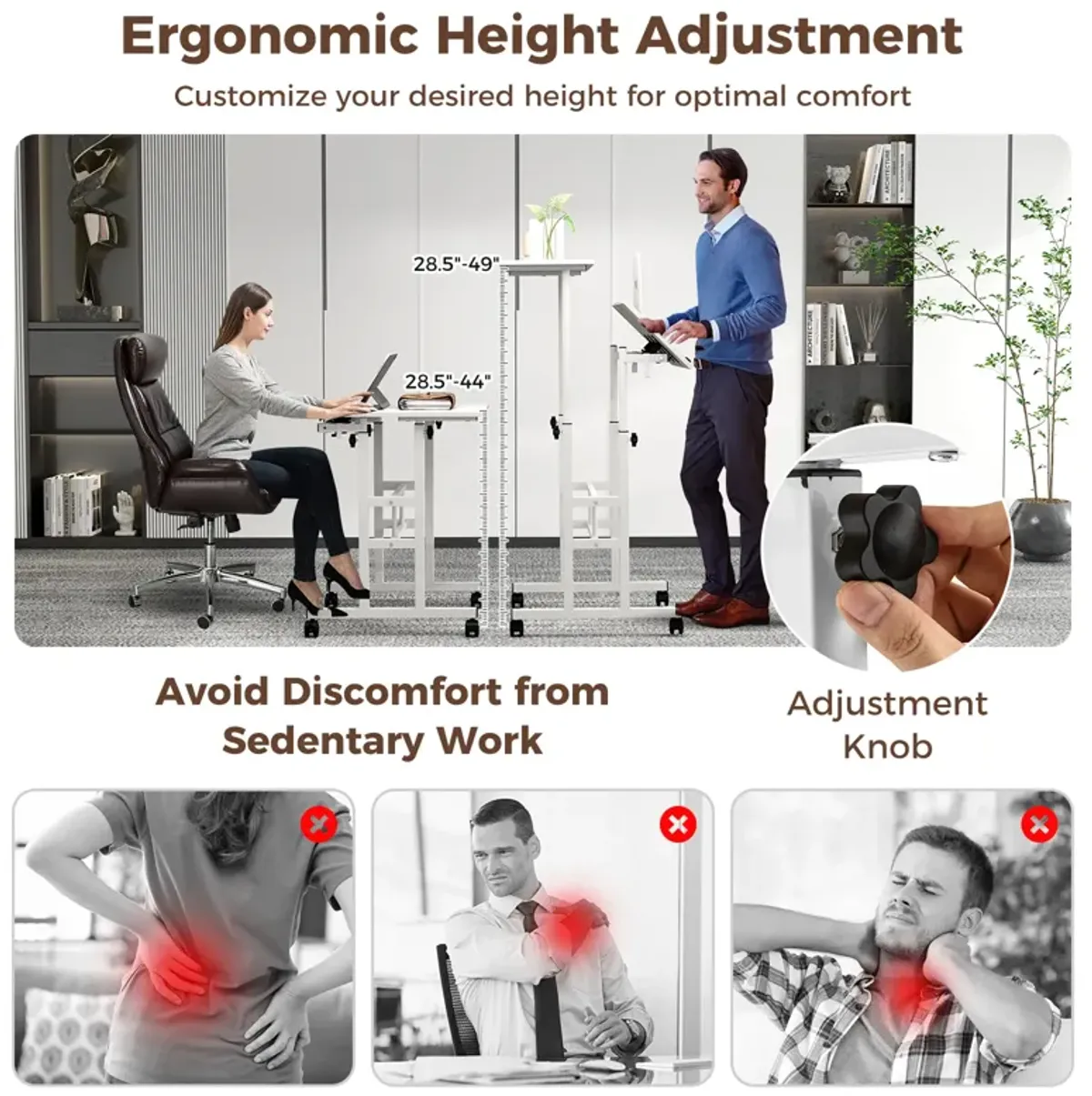 Height Adjustable Mobile Standing Desk with Rolling Wheels for Office and Home