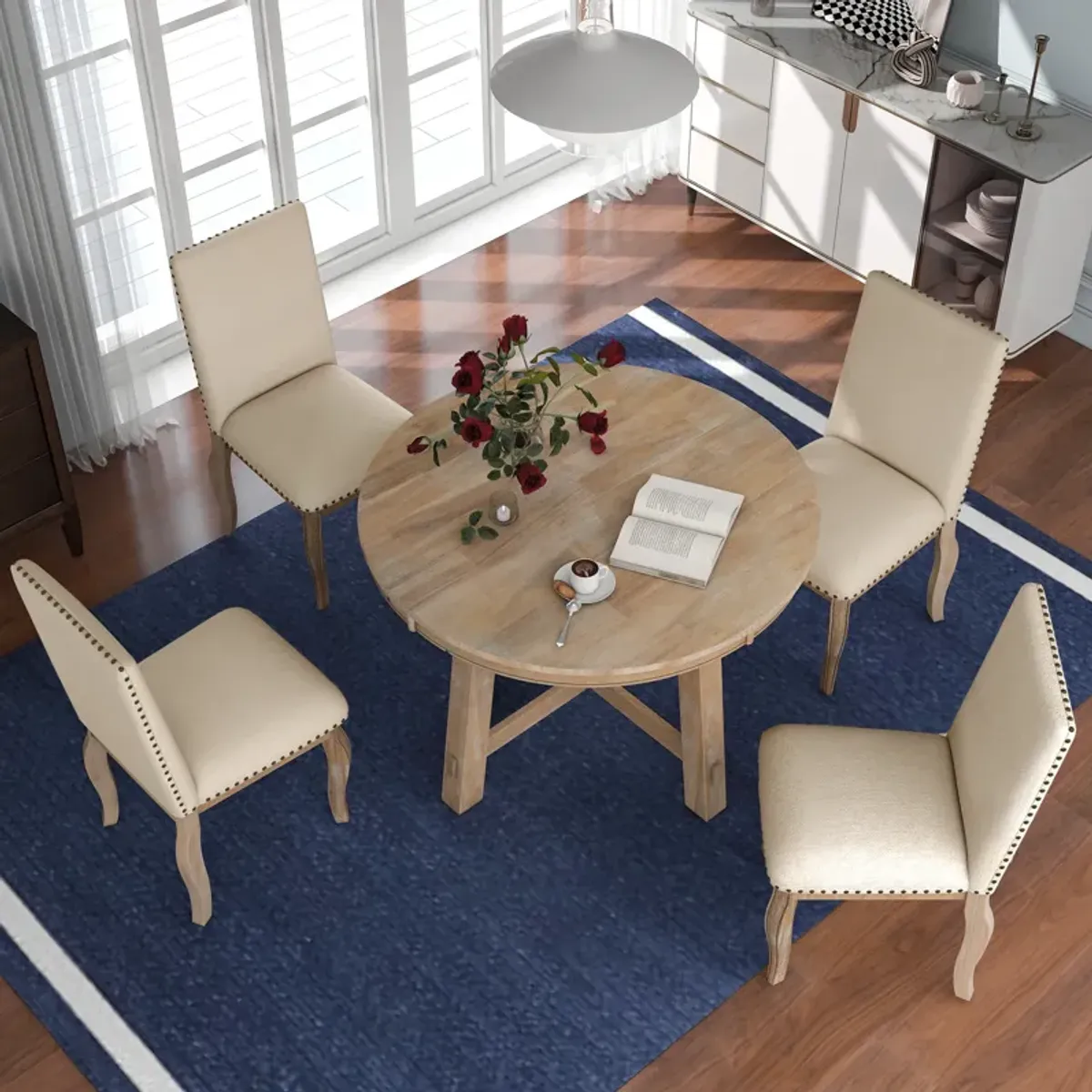 Merax 5-Piece Farmhouse Dining Table Set Wood Round Extendable Dining Table and 4 Upholstered Dining Chairs