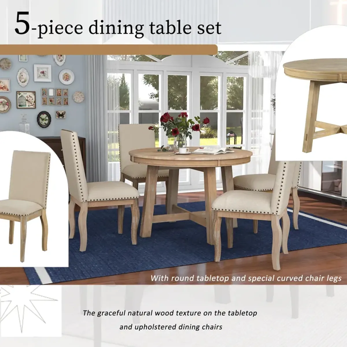 Merax 5-Piece Farmhouse Dining Table Set Wood Round Extendable Dining Table and 4 Upholstered Dining Chairs