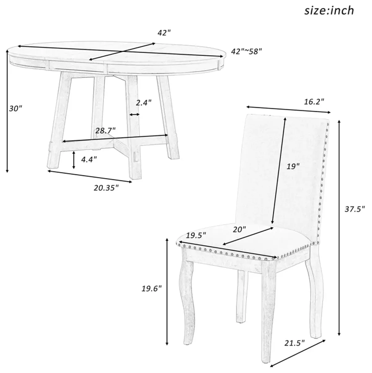 Merax 5-Piece Farmhouse Dining Table Set Wood Round Extendable Dining Table and 4 Upholstered Dining Chairs