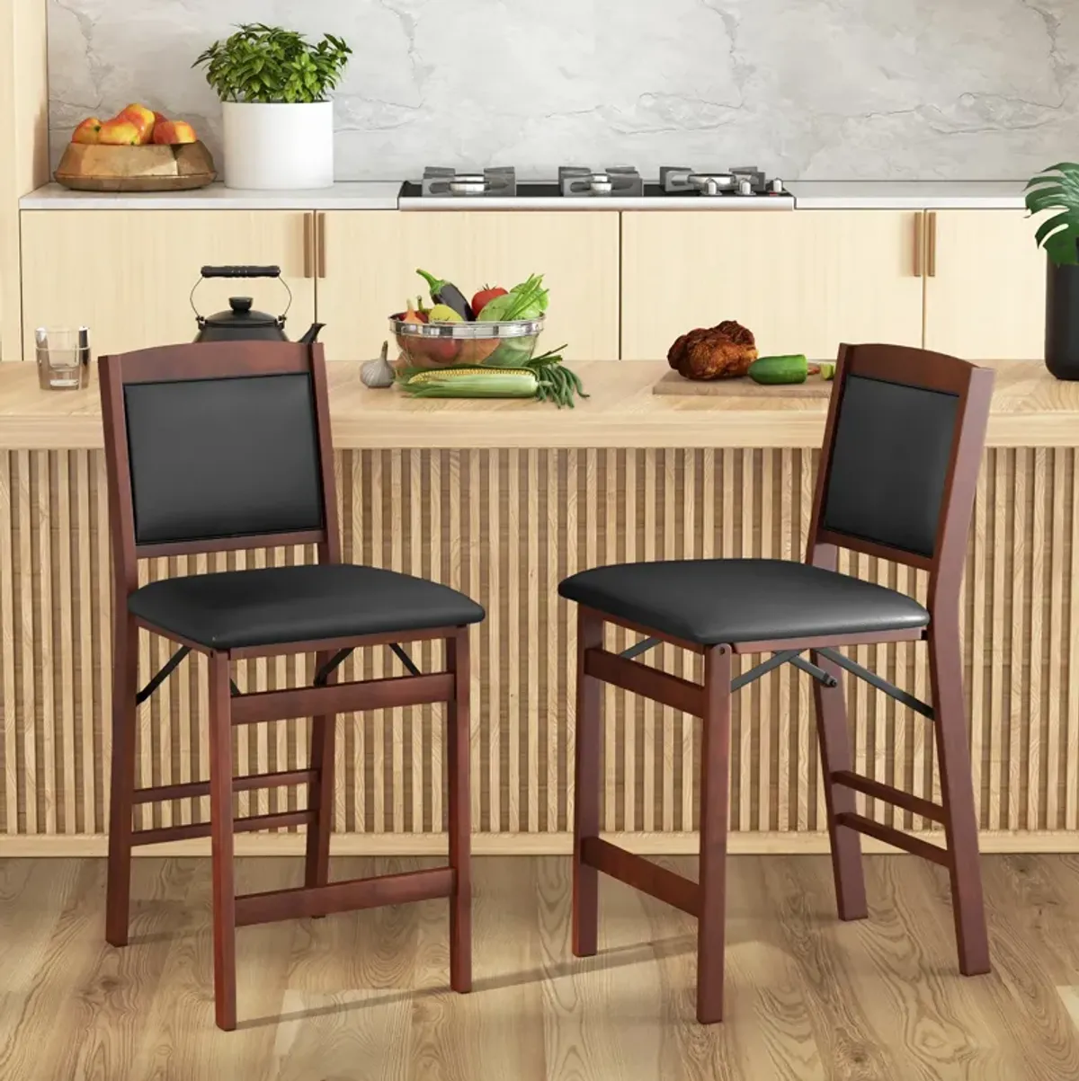 Set of 2 Folding Kitchen Island Stools with Durable Rubberwood Legs Space-Saving Design