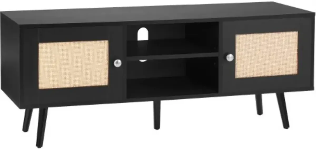 Mid Century Modern Rattan TV Stand – Media Console for 55 Inch TV with Adjustable Storage Shelves for Living Room