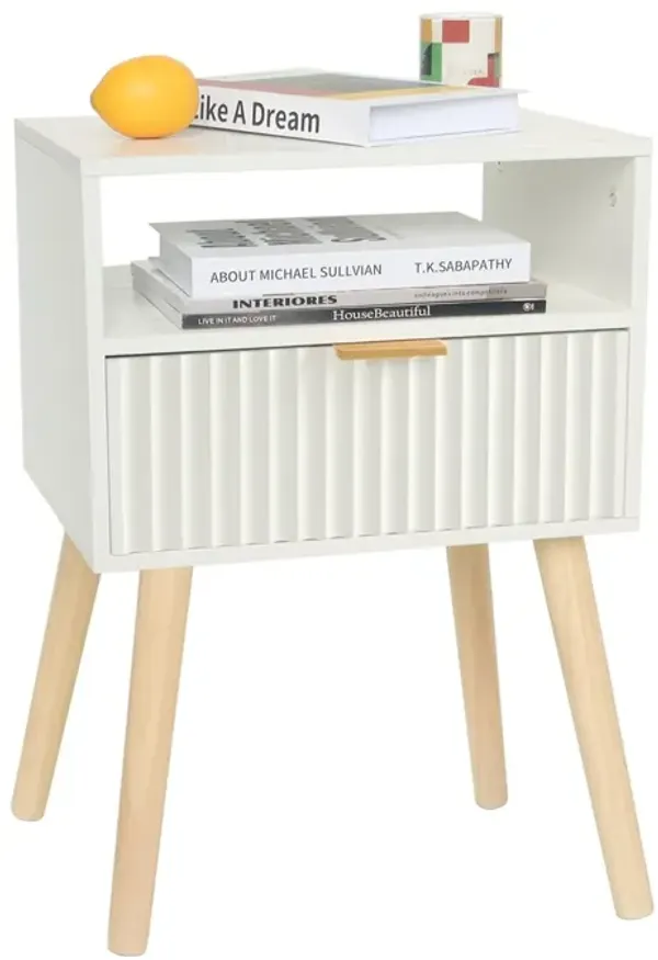 Fultyle Night Stand, White Bedside Table with Drawers and Open Shelf, Fluted Nightstand with Solid Wood Legs for Bedroom, Side T