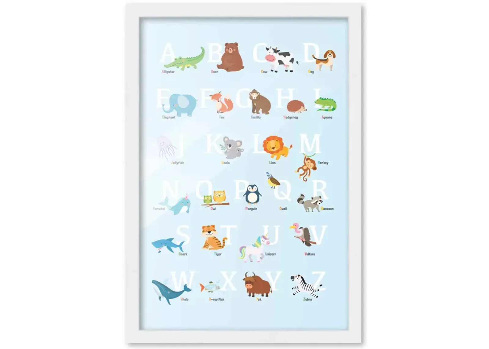 12x18 Framed Nursery Wall Art Blue Animal ABC Poster In White Wood Frame For Kid Bedroom or Playroom