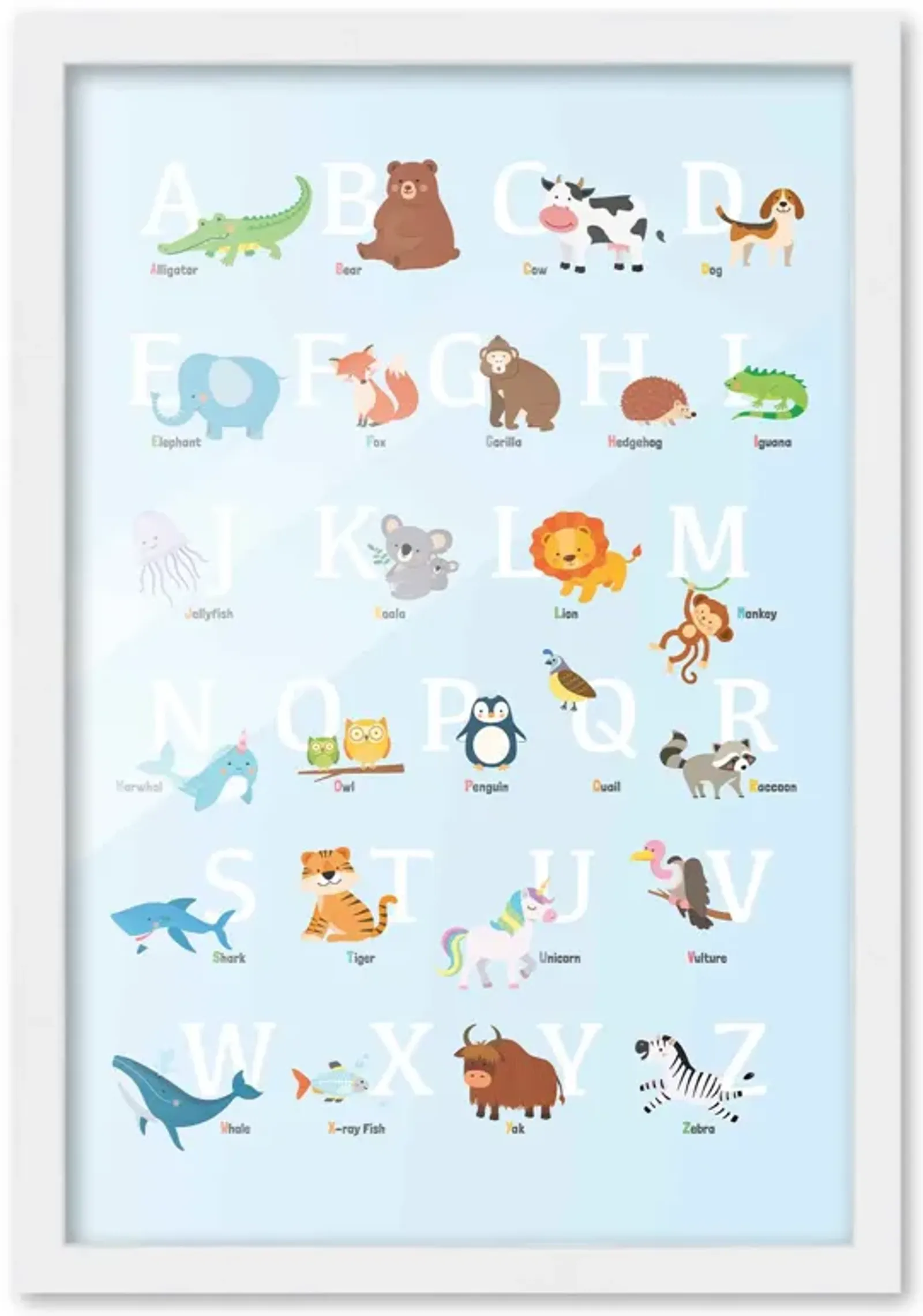 12x18 Framed Nursery Wall Art Blue Animal ABC Poster In White Wood Frame For Kid Bedroom or Playroom