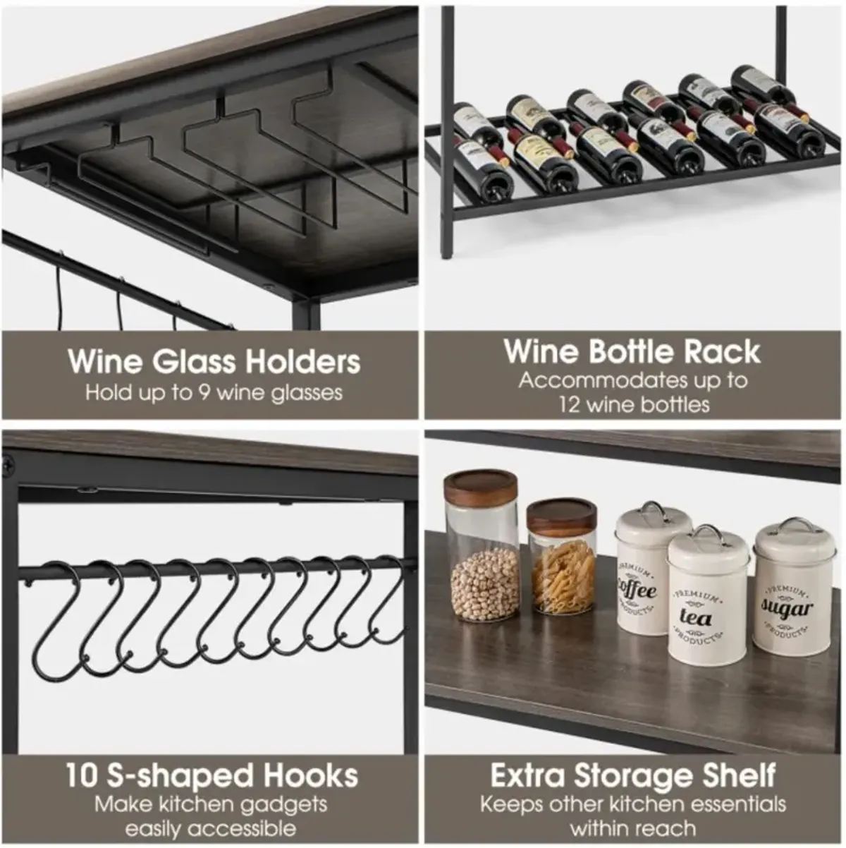 Hivvago Kitchen Island with 3 Shelves Wine Glass Holders and 10 Hooks-Gray