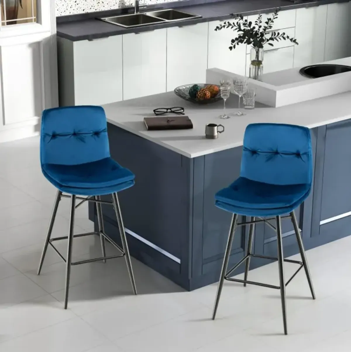 Hivvago 2 Pieces 29 Inch Velvet Bar Stools Set with Tufted Back and Footrests