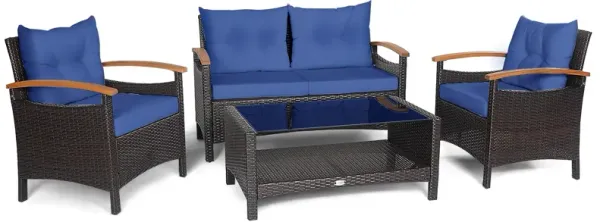 4 Pieces Patio Rattan Furniture Set with Cushioned Sofa and Storage Table