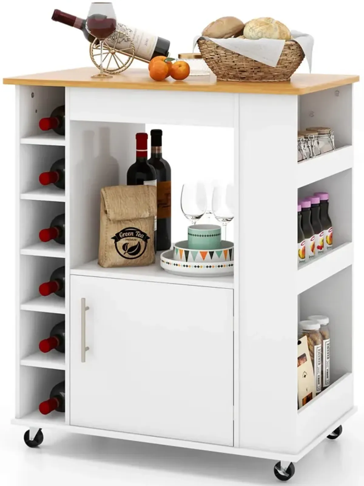 Kitchen Cart on Wheels with Bamboo Top and 6-Bottle Wine Rack-White