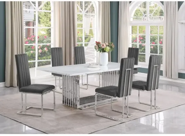 Best Quality Furniture 7pc Large(79) marble top dining set with silver base and 6 Dark grey chairs