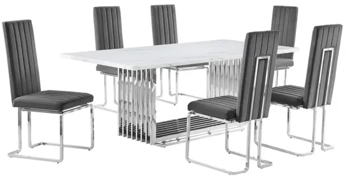Best Quality Furniture 7pc Large(79) marble top dining set with silver base and 6 Dark grey chairs