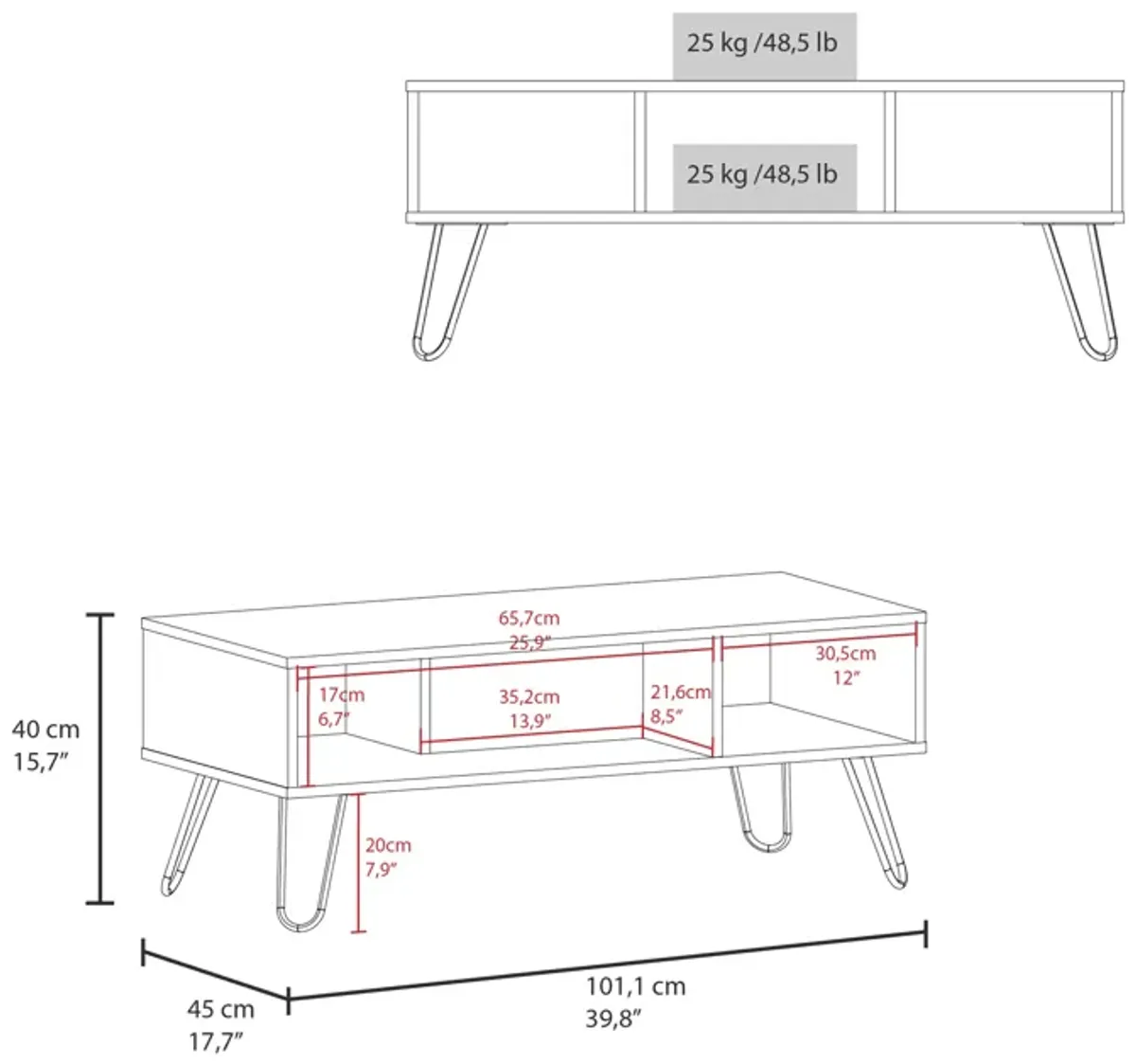 Selma Coffee Table 15.7" H, with 4 Legs and 2 Shelves, White