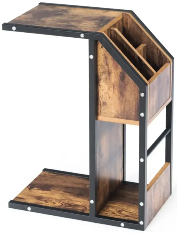 Industrial C-Shape Snack End Table with Storage Space