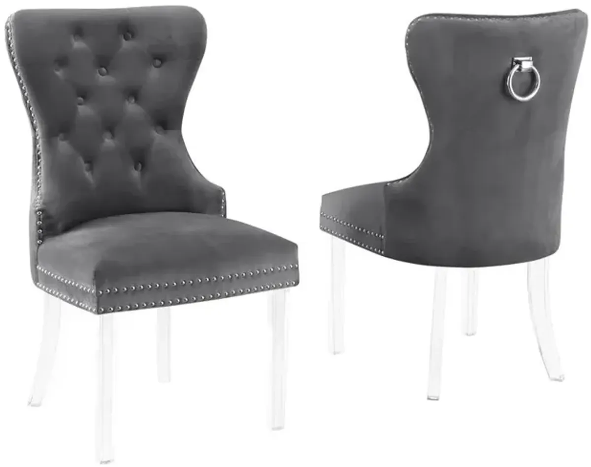Best Quality Furniture Velvet Tufted Side Chair Set Of 2, Acrylic Legs, Dark Grey