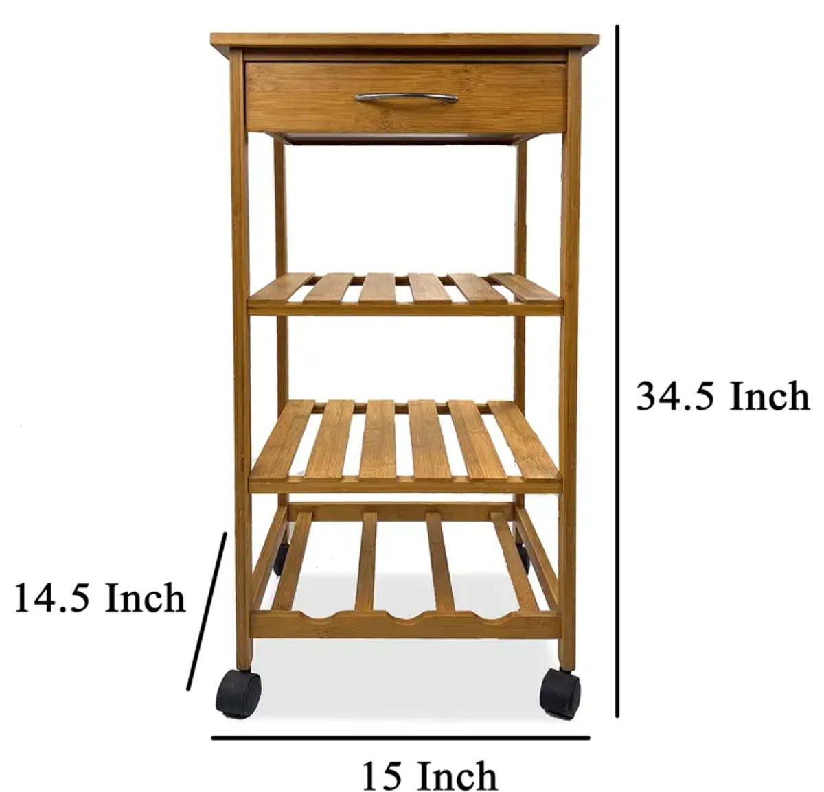 Harry Kitchen Bar Cart, 1 Drawer, 3 Shelves, Brown Bamboo, Rolling Wheels